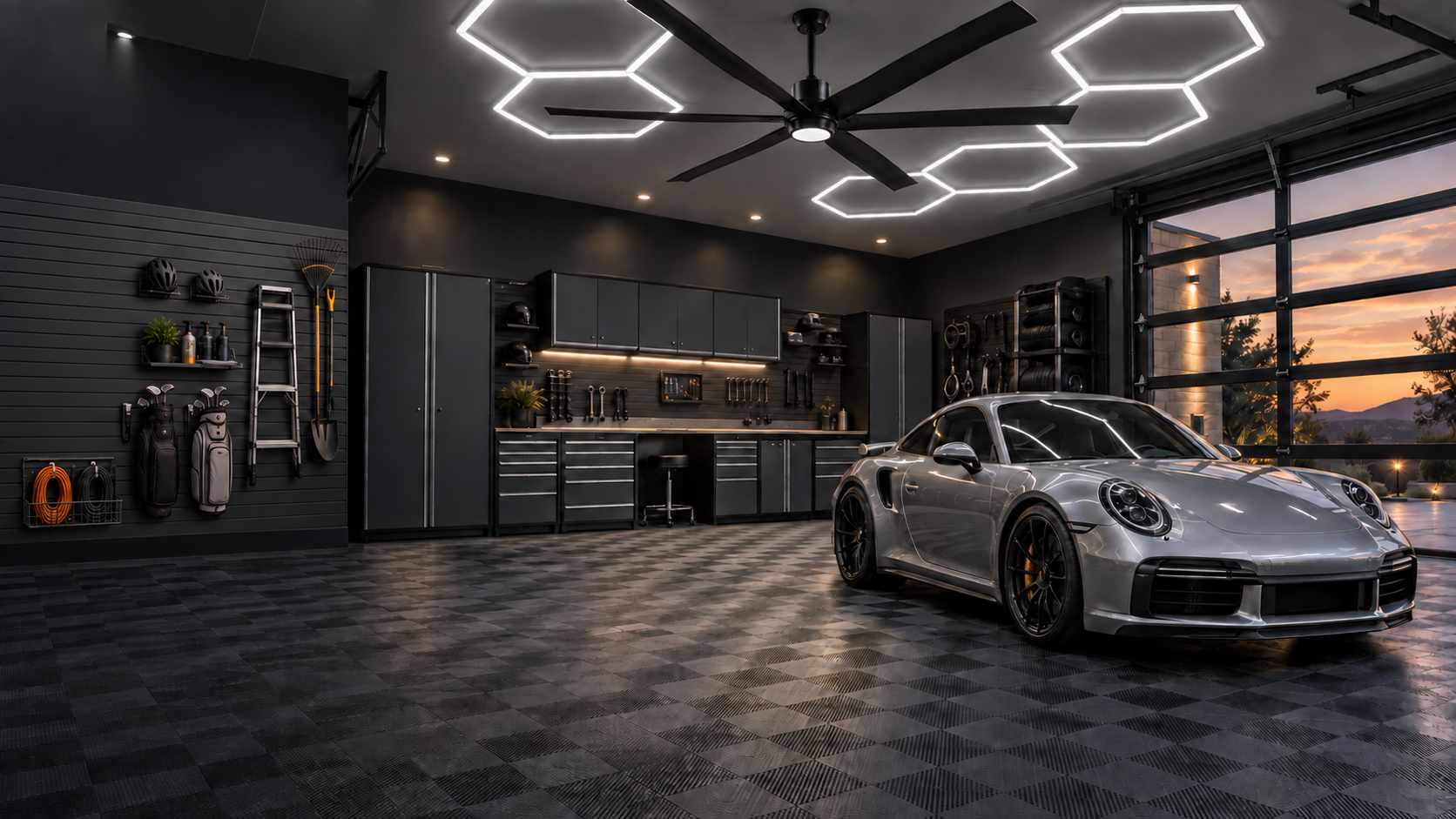 RWSW garage build with hex ceiling lighting, slatwall storage, cabinets and checkered modular flooring
