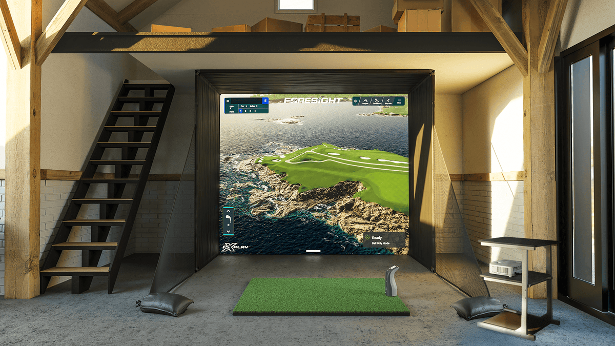 Foresight Sports SIM IN A BOX complete golf simulator package in a garage bay