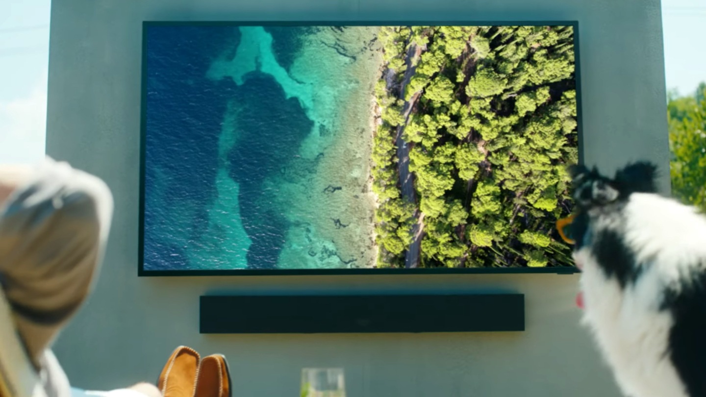 Samsung The Terrace outdoor television mounted in a covered outdoor space